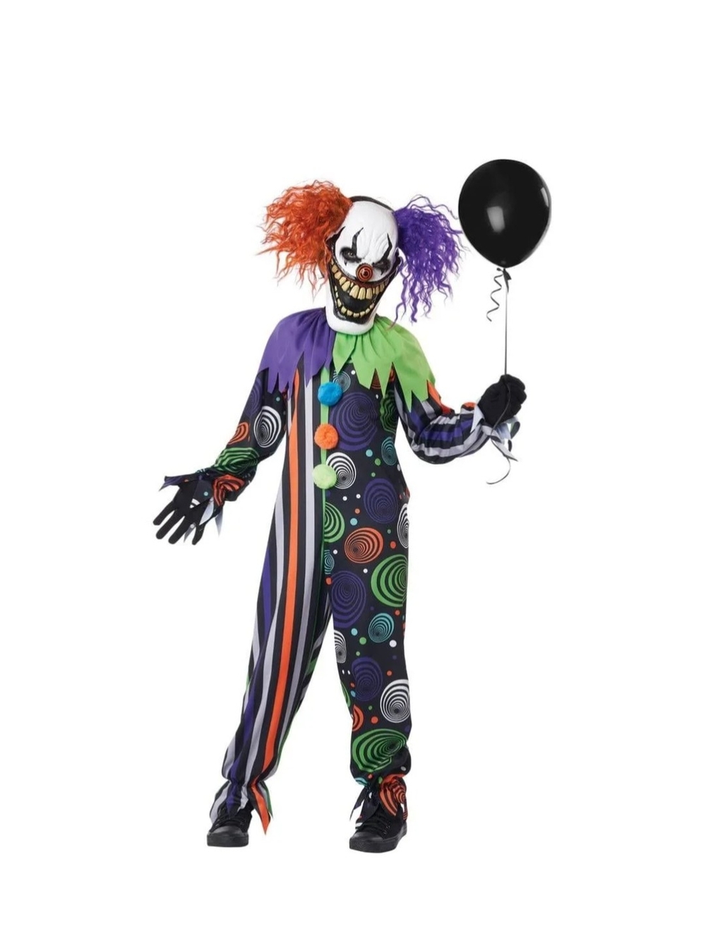 Funhouse Fiend Clown Costume with Orange & Purple Hair/Mask